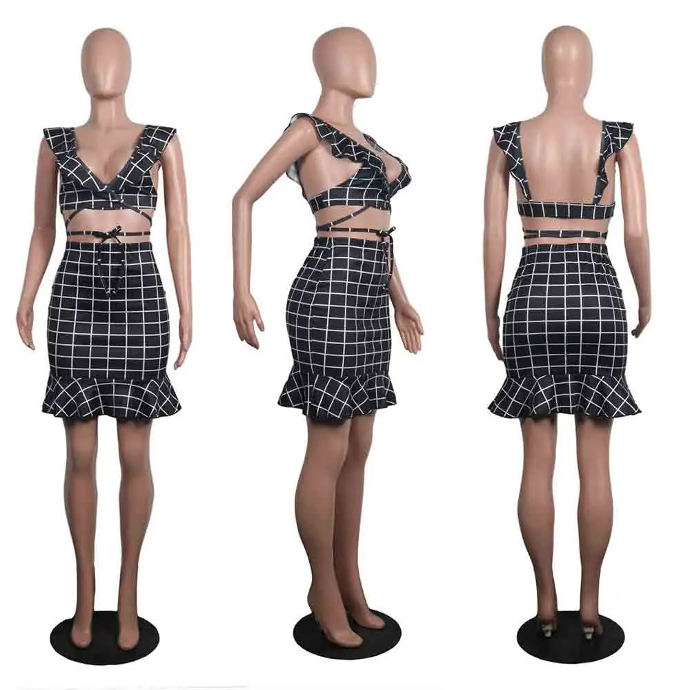 Women Black Plaid Two Piece Set Sexy V Neck Ruffles Lace Up Bandage Sleeveless Backless Crop Top and Mermaid Mini Bodycon Skirt
Women Black Plaid Two Piece Set Sexy V Neck Ruffles Lace Up Bandage Sleeveless Backless Crop Top and Mermaid Mini Bodycon Skirt