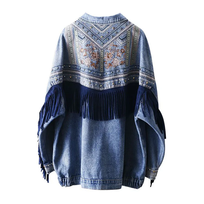 PERHAPS U Women Denim Jacket Blue Loose Embroidery Rivet Tassel Pocket Oversize Moto Biker Punk Boho C0086
PERHAPS U Women Denim Jacket Blue Loose Embroidery Rivet Tassel Pocket Oversize Moto Biker Punk Boho C0086
