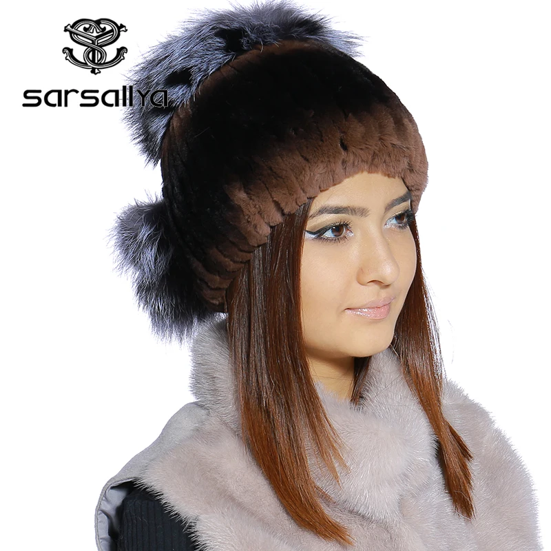 SARSALLYA Зимой меховая шапка для женщин реального рекс кролика с silver fox меховой