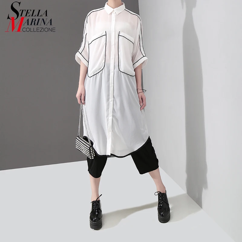 Фото Женская шифоновая блузка повседневная белая длинная с карманами и полурукавами