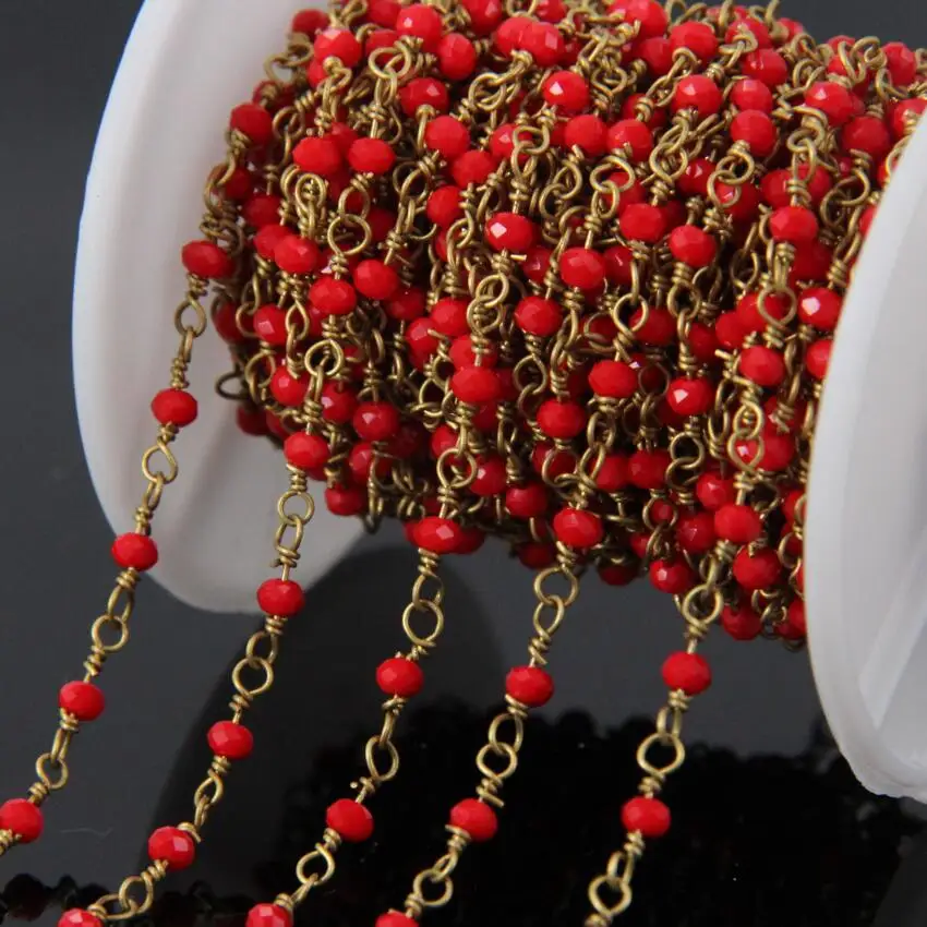 

5 метров маленькие красные стеклянные шарики, латунная проволочная цепь, граненые розальные цепи, ожерелье, браслет, аксессуары для ювелирн...
