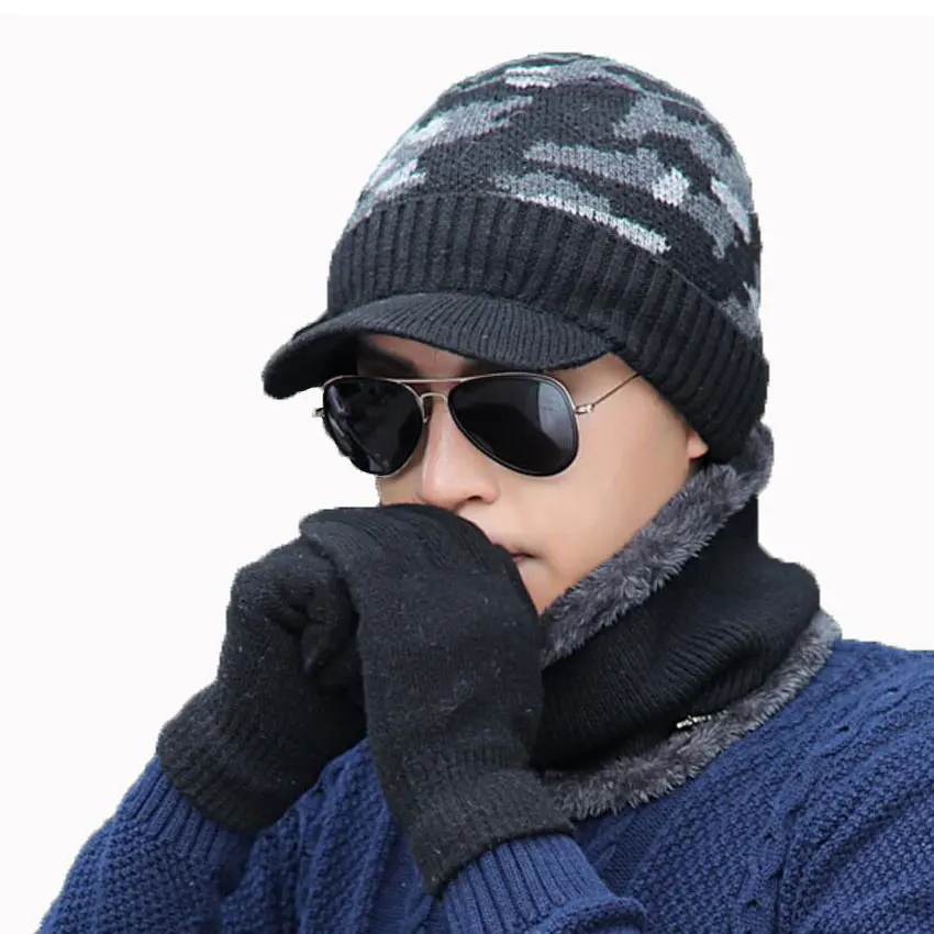 Мужской зимний комплект из шапки и шарфа перчаток 3 шт. для женщин мужчин шарфы