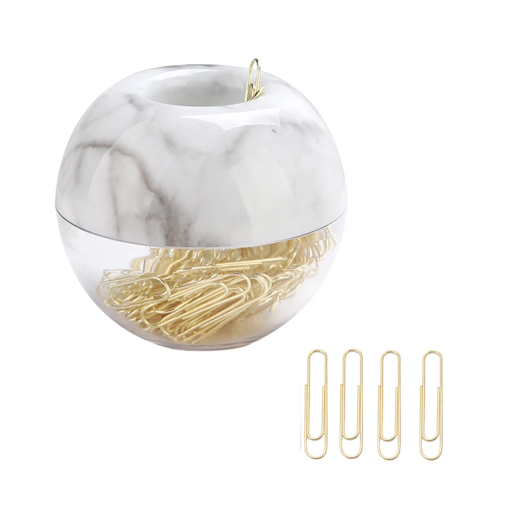 Gold Paper Clips in White Marble Print Round Paper Clip Dispenser Holder with Magnetic Lid for Office School Supplies
Gold Paper Clips in White Marble Print Round Paper Clip Dispenser Holder with Magnetic Lid for Office School Supplies