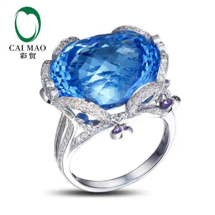 

CaiMao 18KT/750 White Gold 37.45ct Natural Blue Topaz & 1.01 ct Full Cut Diamond Engagement Gemstone Ring Jewelry