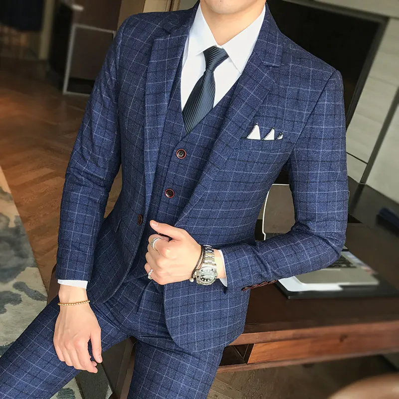 Men Wedding Dress Formal Wear Suits Blue Plaid Slim Suits Blazers Jackets+Vest+Pants Large Size New Male Single Breasted Suits
Men Wedding Dress Formal Wear Suits Blue Plaid Slim Suits Blazers Jackets+Vest+Pants Large Size New Male Single Breasted Suits
