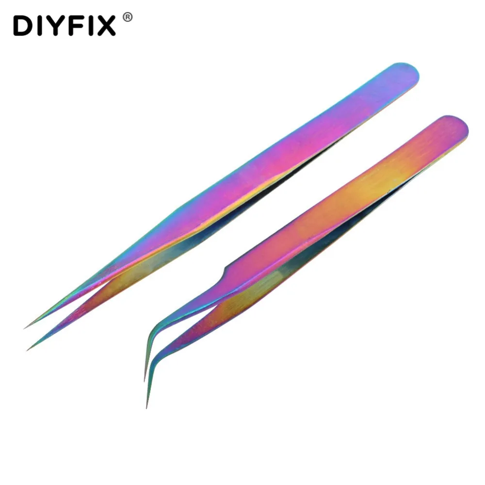 DIYFIX Пинцет для наращивания ресниц 2 шт. гальванические щипцы прямые изогнутые