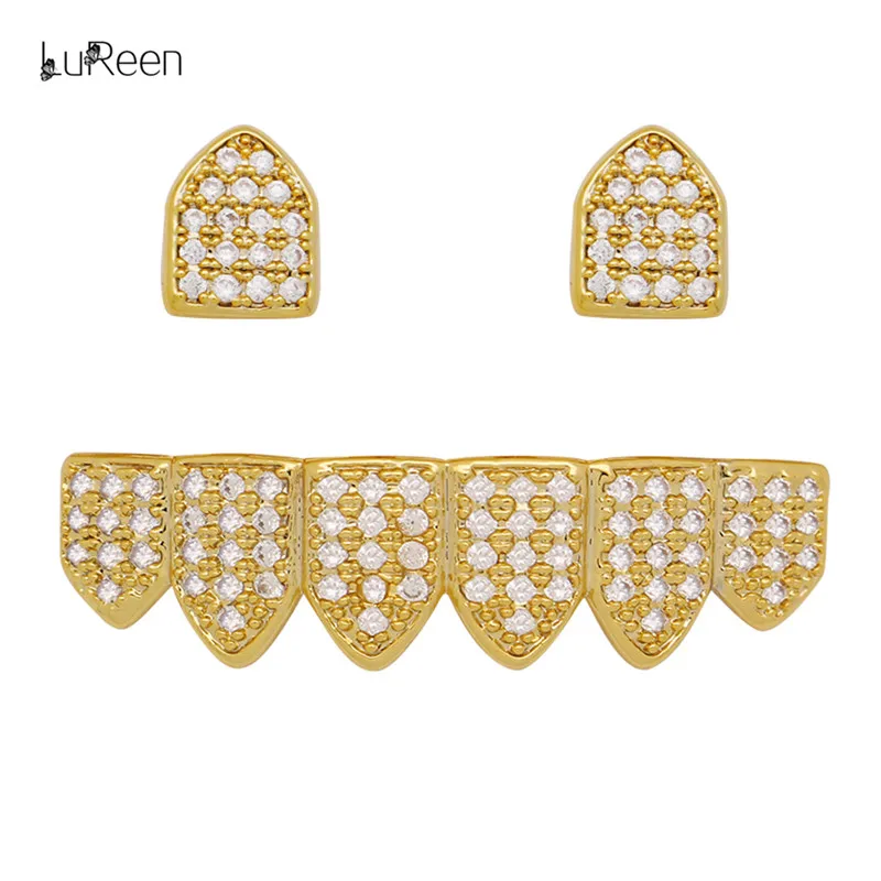 LuReen Hip Hop Gold Iced Out CZ Teeth Grillz Set 2 Pcs Single Top 6 Teeth Bottom Metal Grills For Unisex Tooth Caps Jewelry
LuReen Hip Hop Gold Iced Out CZ Teeth Grillz Set 2 Pcs Single Top 6 Teeth Bottom Metal Grills For Unisex Tooth Caps Jewelry