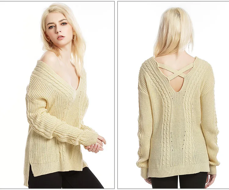 2018 Spring Autumn Casual V Neck Sweaters Women Sexy Solid Color Long Sleeve Loose Pullovers Split Hem Back Criss-cross Sweater
2018 Spring Autumn Casual V Neck Sweaters Women Sexy Solid Color Long Sleeve Loose Pullovers Split Hem Back Criss-cross Sweater