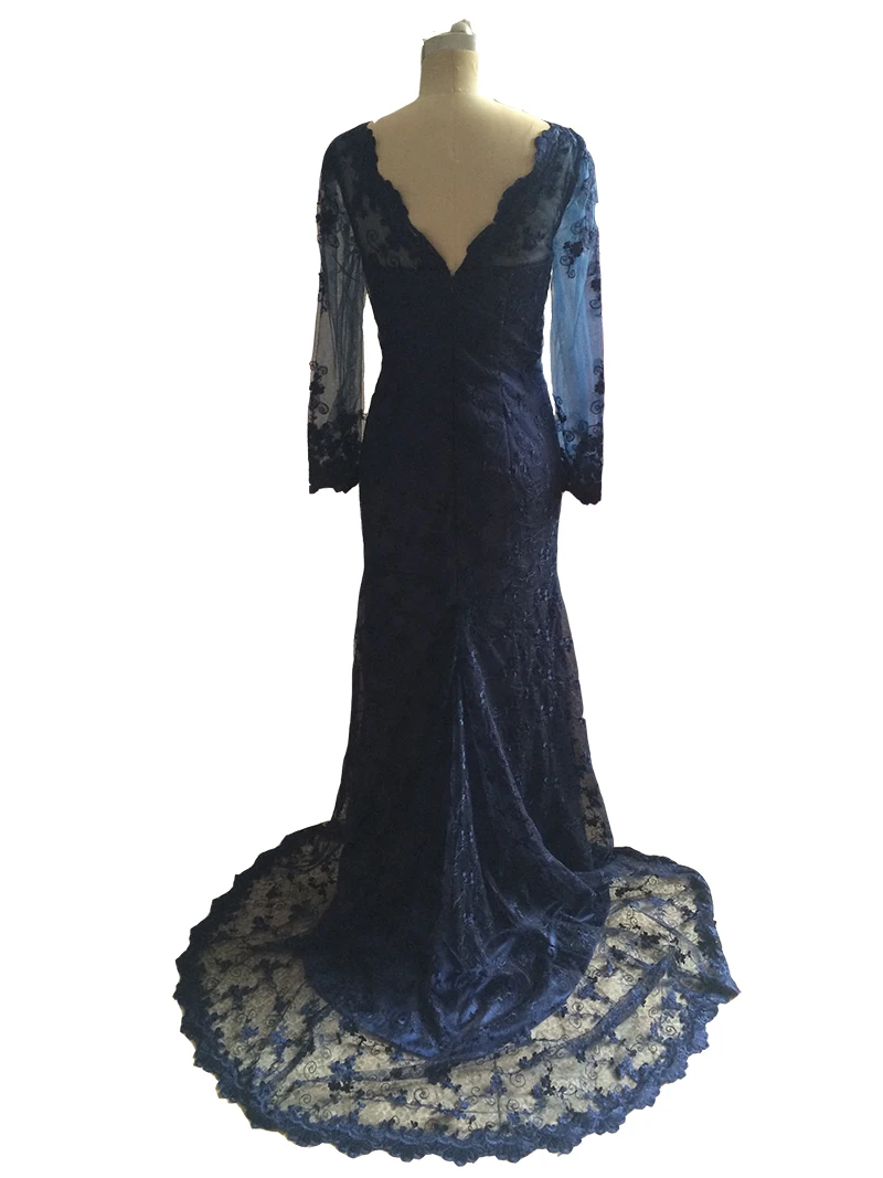 Beauty A-Line V Neck Long Sleeves Lace Appliques Evening Dresses Court Train Navy Blue Party Long Dress
Beauty A-Line V Neck Long Sleeves Lace Appliques Evening Dresses Court Train Navy Blue Party Long Dress