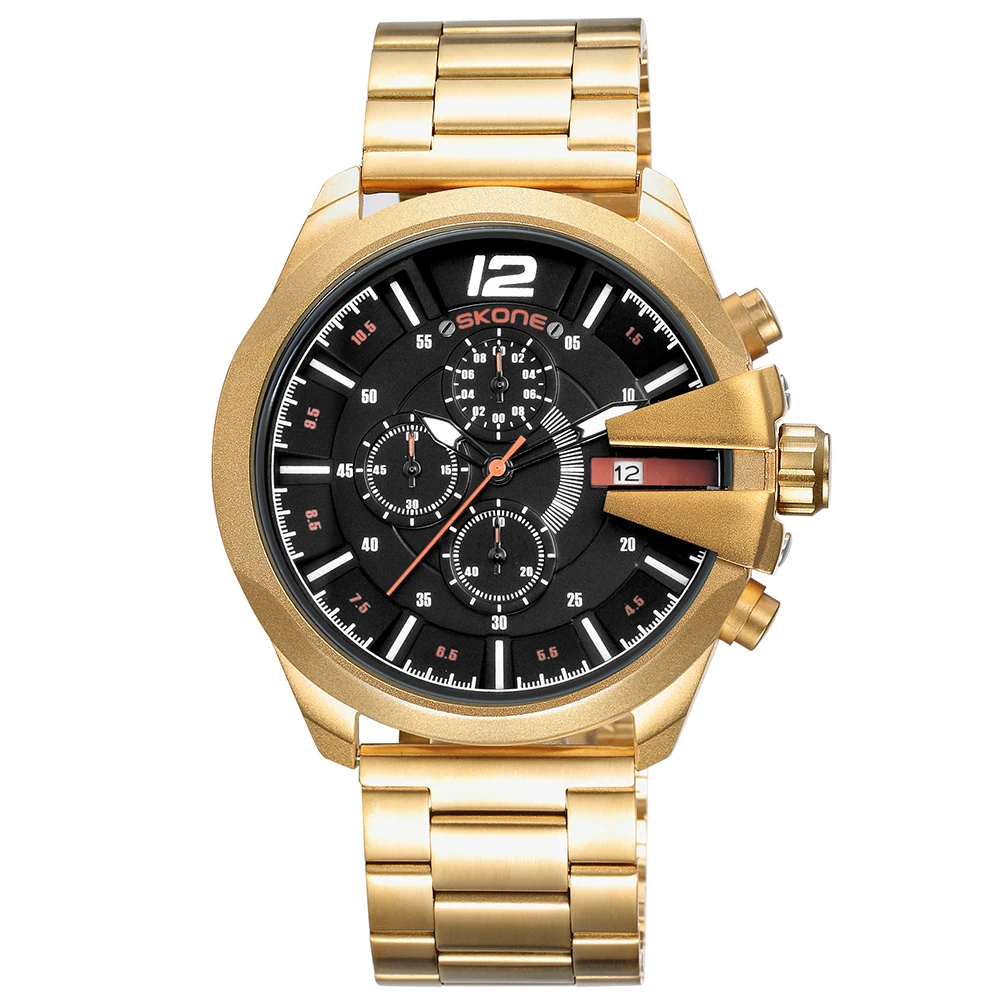 

2021 SKONE Watches Stainless Steel Big Dial Military Sports Watch Golden Male Quartz Wristwatch Luxury Brand Chronograph Clock