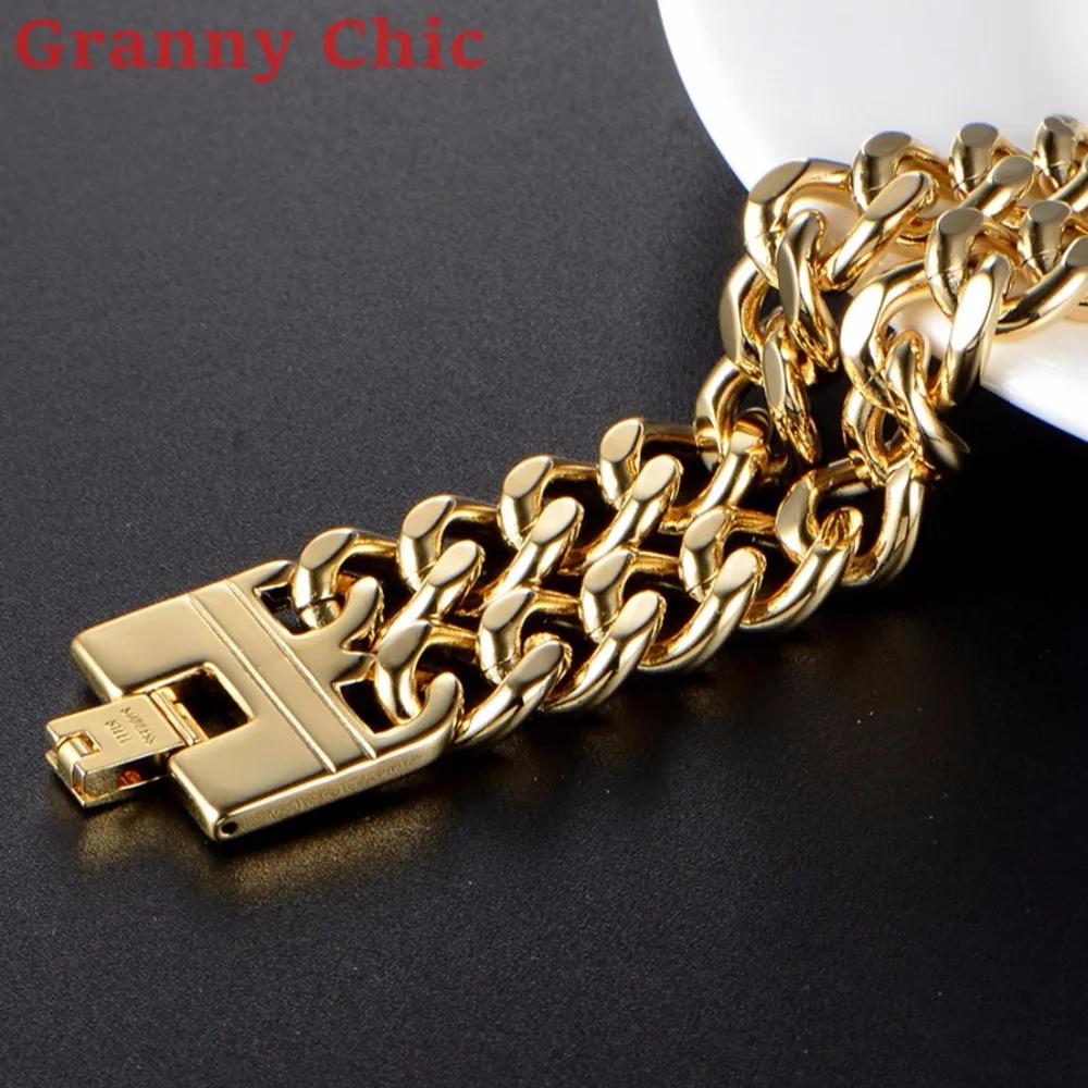 Granny Chic 9" 23cm New Charming Gold Color Link Chain Bracelets Stainless Steel Double Curb Cuban Mens Women Bracelet Wholesale |