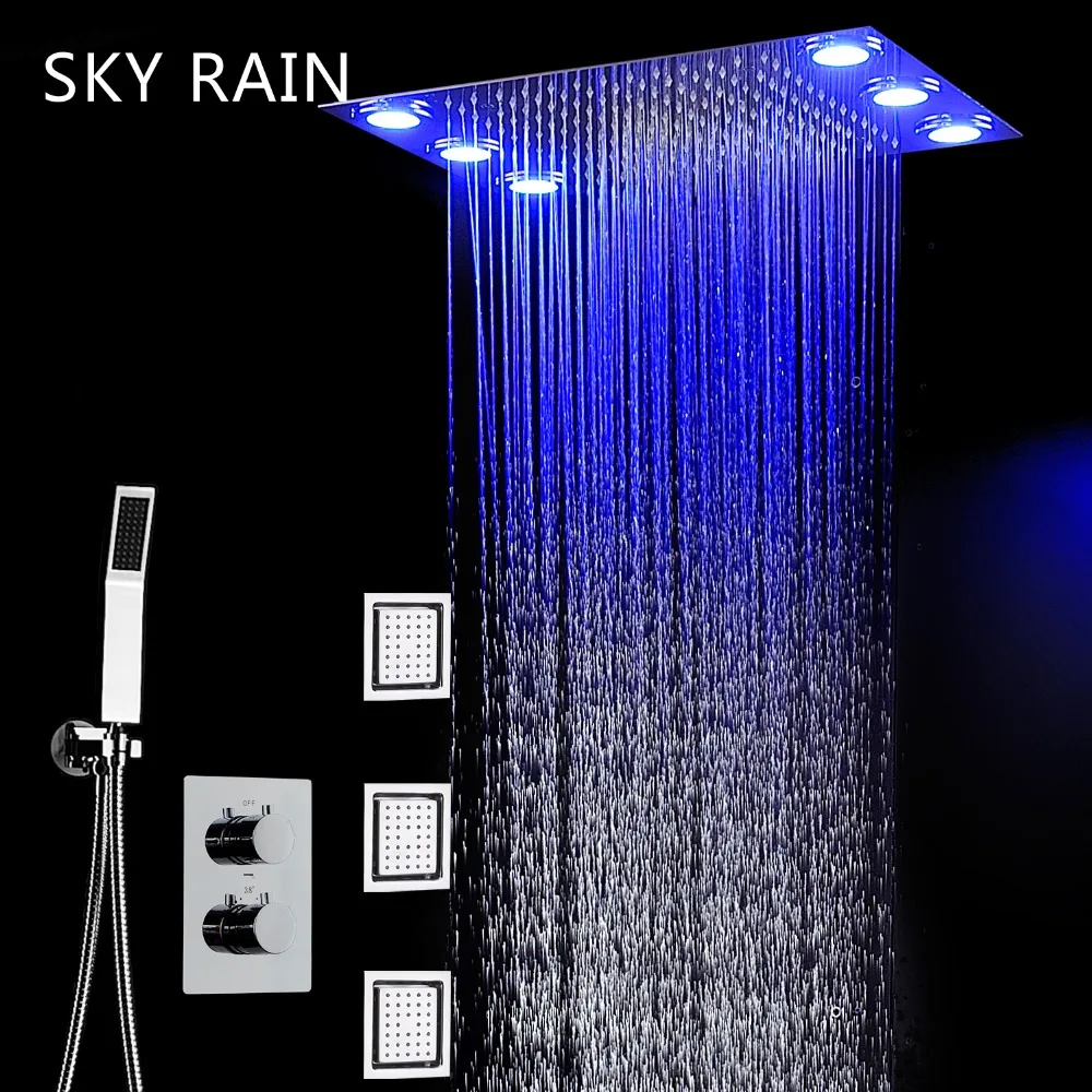 20x14 Inch LED Rainfall Shower Head Panel Faucet System Constant Temperature Mixer Diverter With Massage Lateral Jets
20x14 Inch LED Rainfall Shower Head Panel Faucet System Constant Temperature Mixer Diverter With Massage Lateral Jets