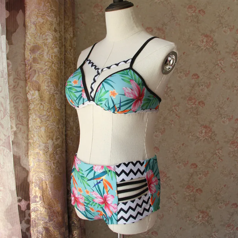 Bikinis Swimsuit Swimwear Biquini Bikini Set Print Floral Striped Flower Women Female | Split Pants Briefs High Waist M L XL Женская