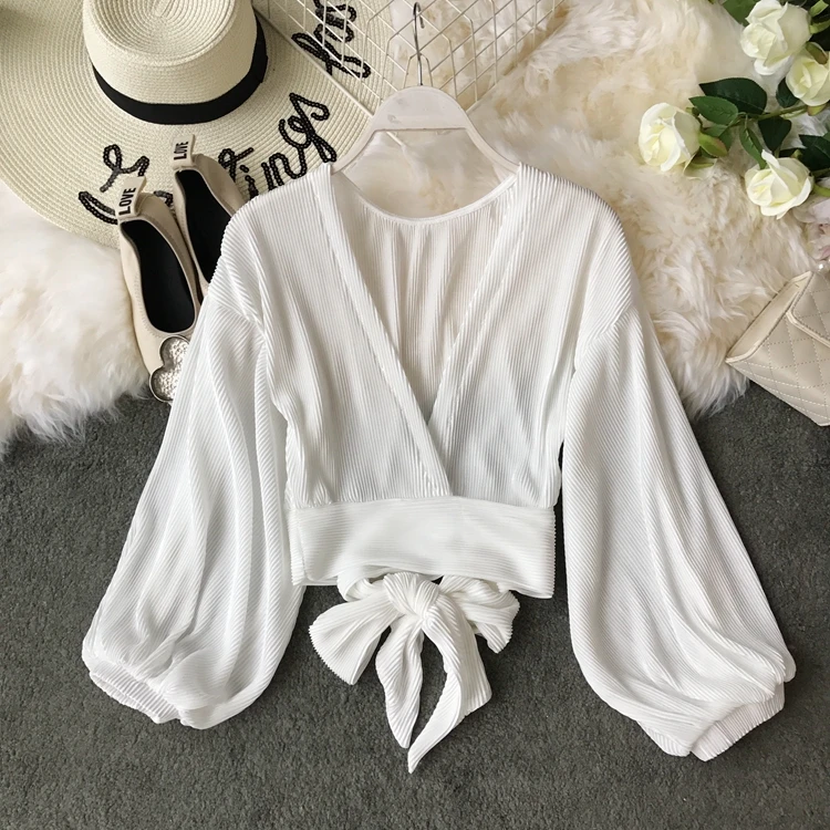 ALPHALMODA 2019 Spring Summer V-neck Pleated Chiffon Blouses Bow Tie Sashes Lantern Sleeve Ladies Solid Fashion Outfit
ALPHALMODA 2019 Spring Summer V-neck Pleated Chiffon Blouses Bow Tie Sashes Lantern Sleeve Ladies Solid Fashion Outfit