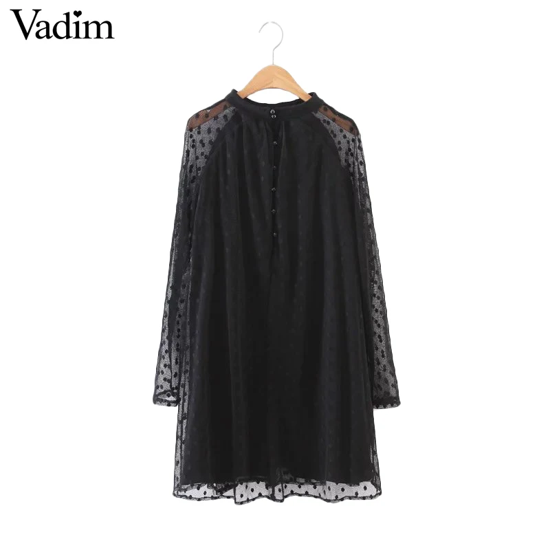 women Polka Dot sexy mesh black pleated dress long sleeve oversized back buttons loose mini vestidos QZ2797 | Женская одежда
