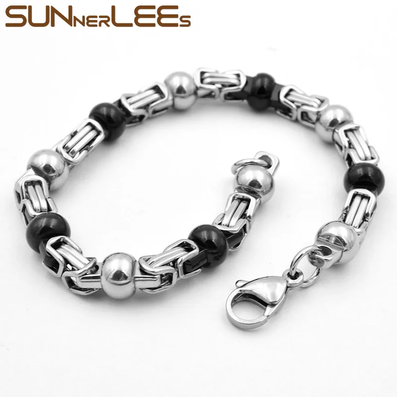 SUNNERLEES Fashion Jewelry Stainless Steel Bracelet 7mm Black Silver Color Geometric Byzantine Link Chain For Men Women SC89 B | Украшения