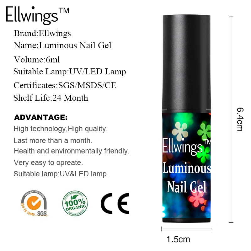 Ellwings 1pcs/2pcs Night Glow In Dark Nail Gel Polish Fluorescent Luminous Lacquer Varnishes Soak-off UV Nails Art | Красота и