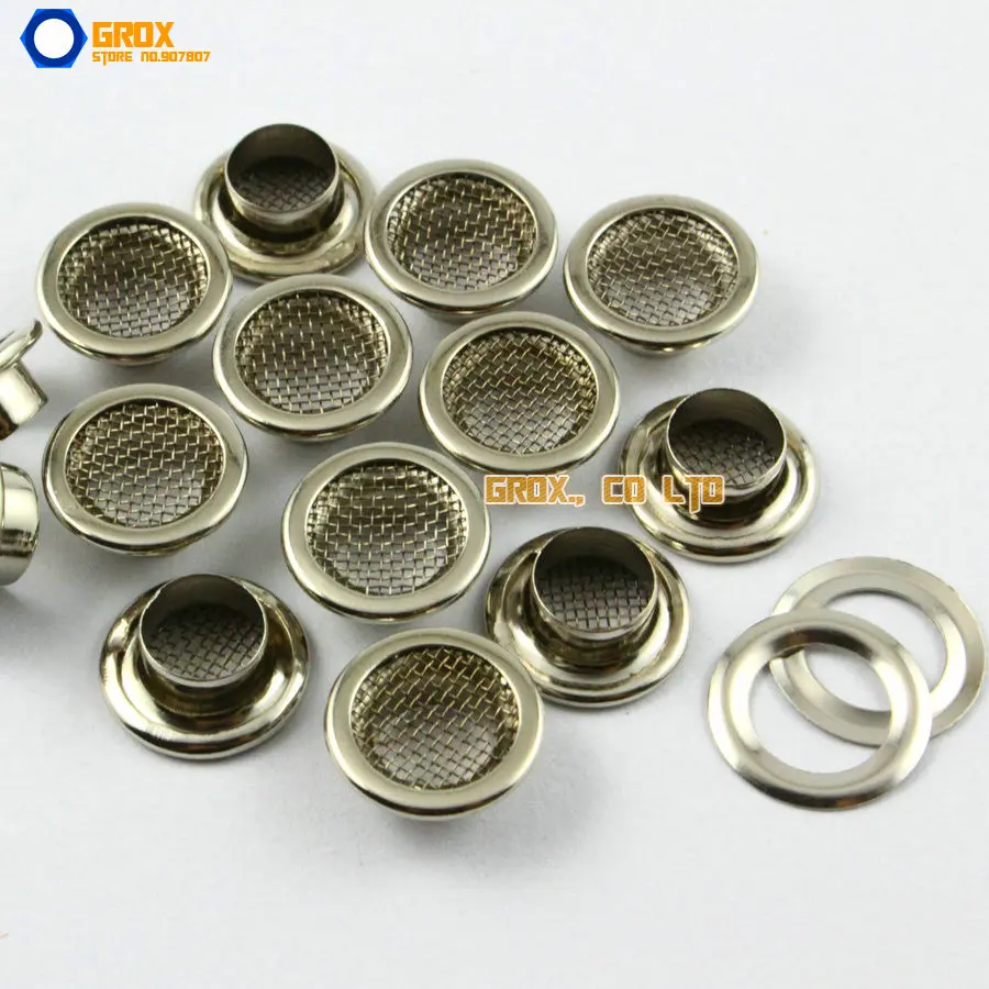 100 Set 12*7*5mm (Outer diameter * Inner diameter * Height) Silver Round Eyelet Grommet with Steel Mesh Inside
100 Set 12*7*5mm (Outer diameter * Inner diameter * Height) Silver Round Eyelet Grommet with Steel Mesh Inside