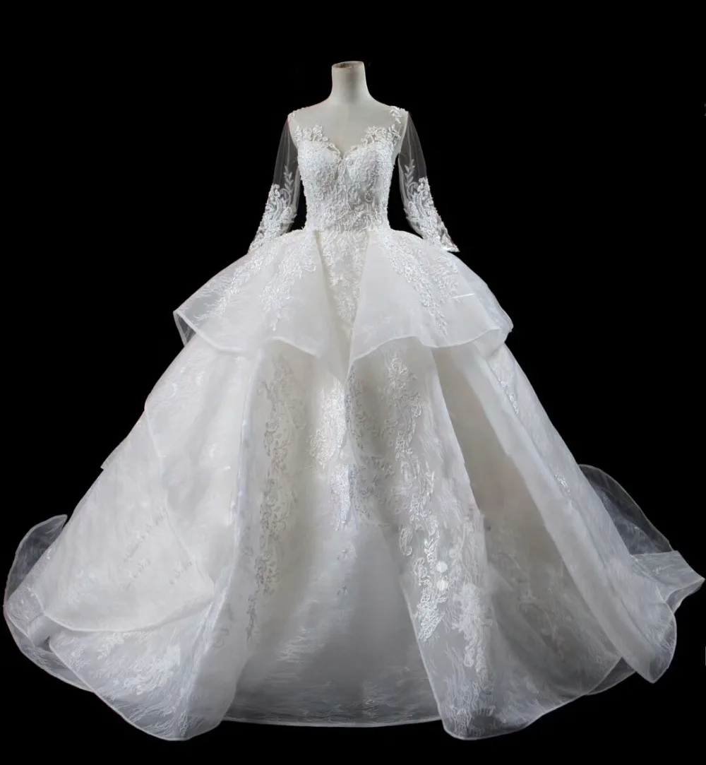 Robe Mariage Femme Gorgeous O-neck Illusion Lace Organza Ruffles Wedding Dress With Long Sleeves Plus Size Bride Dress W59
Robe Mariage Femme Gorgeous O-neck Illusion Lace Organza Ruffles Wedding Dress With Long Sleeves Plus Size Bride Dress W59