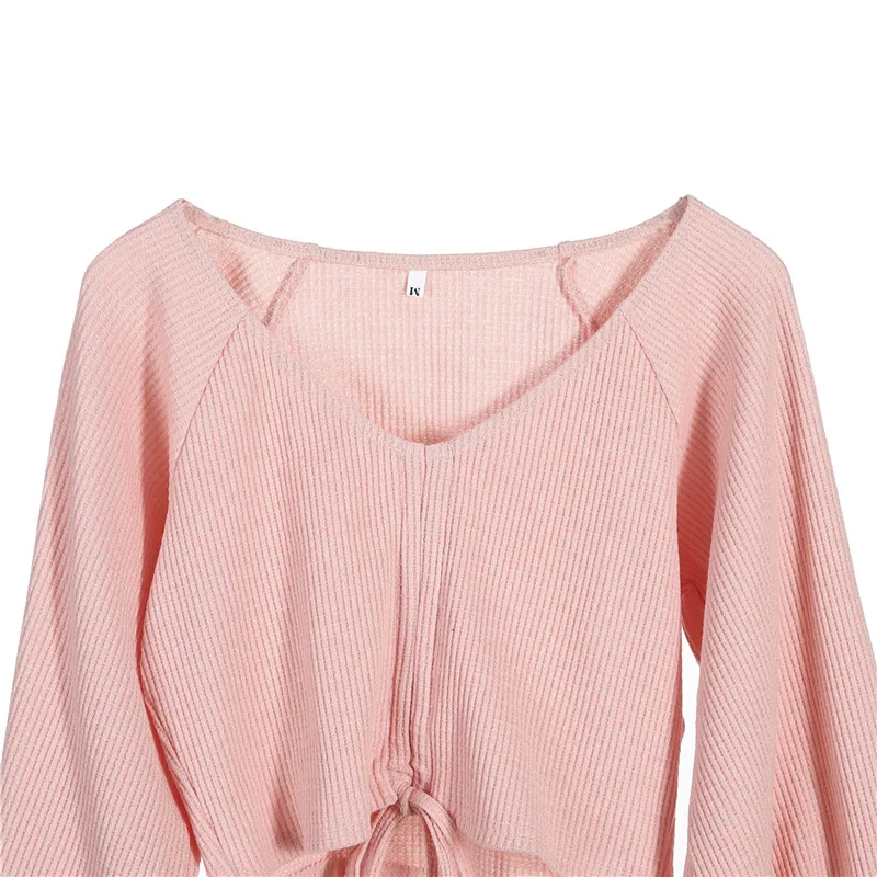 New Sexy V-Neck Lace up T-Shirt Women Crop Top Streetwear Stringy Knitted Pull Sleeve Solid T-Shirts Short Bandage Tops | Женская одежда