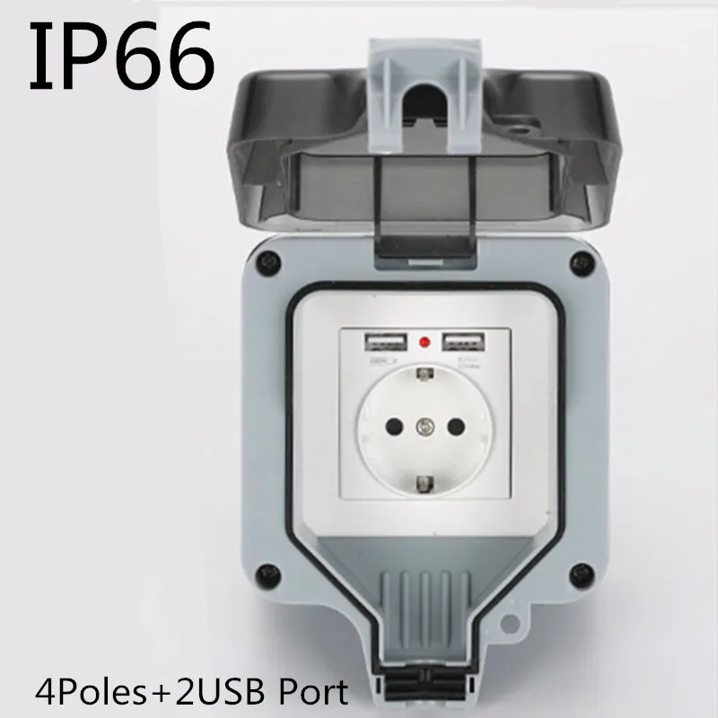 IP66 Weatherproof Waterproof Outdoor 16A EU Standard Wall Power Socket With Dual USB Charging Port 2.4A Output
IP66 Weatherproof Waterproof Outdoor 16A EU Standard Wall Power Socket With Dual USB Charging Port 2.4A Output