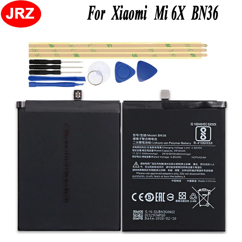 Аккумулятор JRZ для телефона Xiaomi Mi 6X BN36, 2910 мАч, высокая емкость, высококачественные сменные батареи для Xiaomi BN36 с инструментами
Аккумулятор JRZ для телефона Xiaomi Mi 6X BN36, 2910 мАч, высокая емкость, высококачественные сменные батареи для Xiaomi BN36 с инструментами