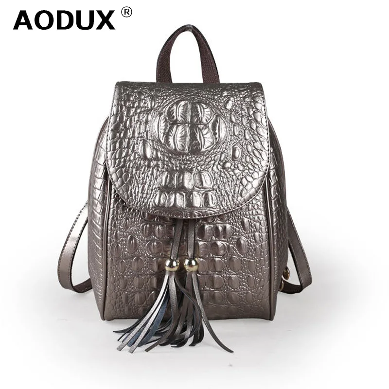 

Aodux Spring Small Famous Brands Alligator Pattern Backpacks Genuine Leather Second Layer Cowhide Women's Backpack School Bags