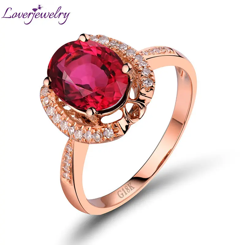 

LOVERJEWELRY Women Rings Oval 7x9mm Au750 Rose Gold Natural Pink Tourmaline Engagement Diamonds Ring For Wife Loving Jewelry