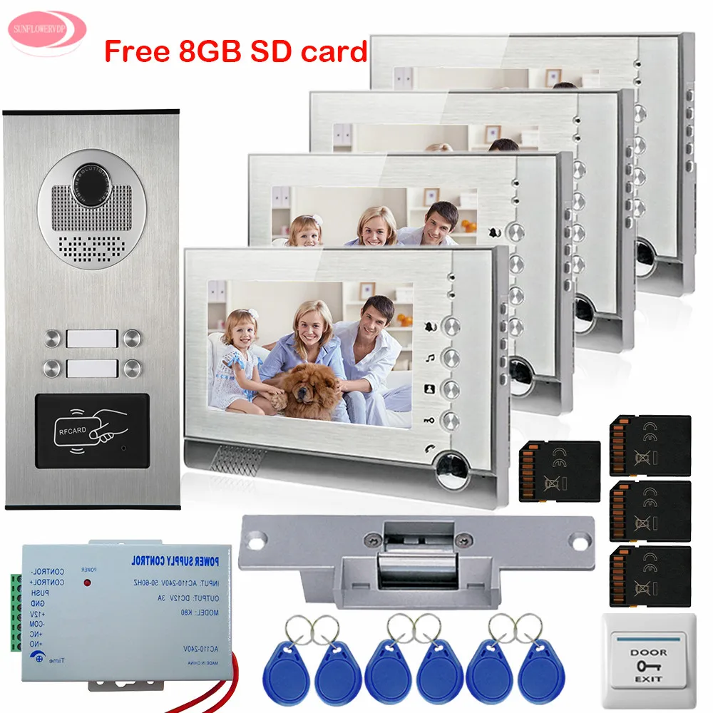 Doorphone With 7-inch Video Intercom 4 Monitors Rfid Camera Video Intercom With Recording+ 8GB GB Card +Electric Strike Lock Kit
Doorphone With 7-inch Video Intercom 4 Monitors Rfid Camera Video Intercom With Recording+ 8GB GB Card +Electric Strike Lock Kit