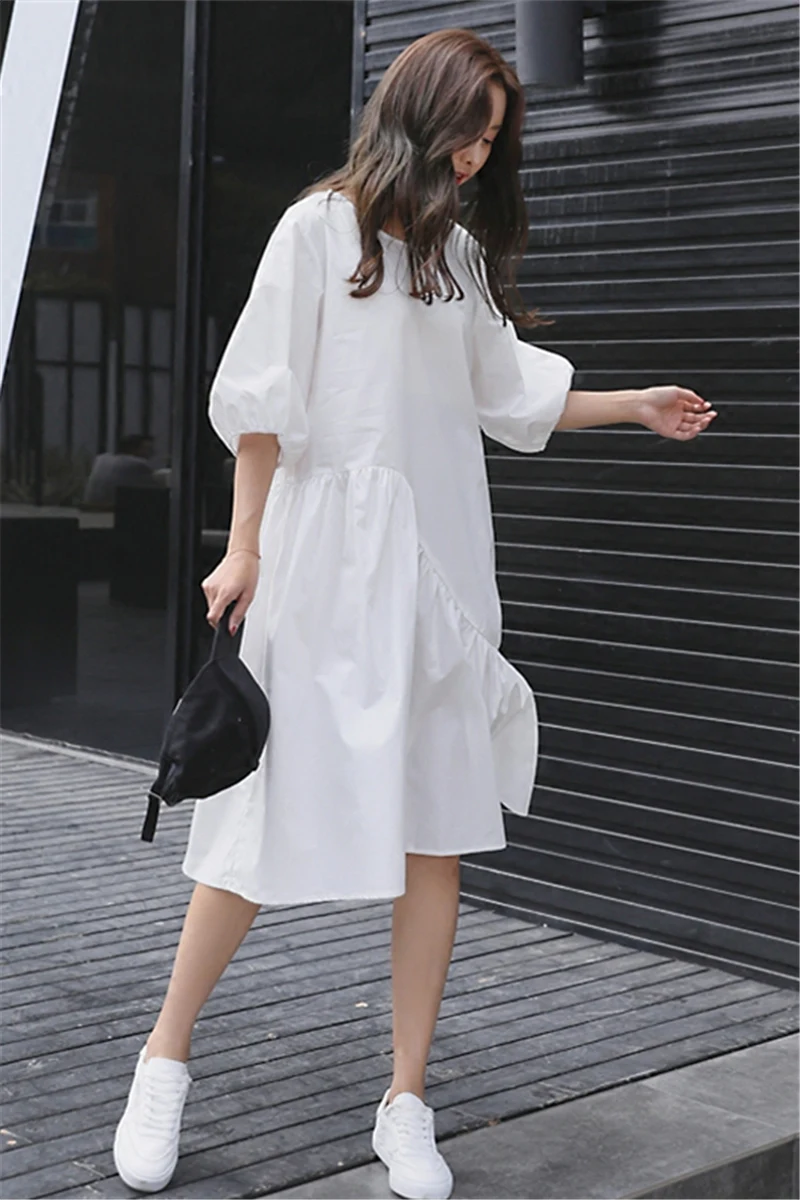 2020 Summer Korean Pleated Short Sleeve Dress Loose Casual Irregular Lantern Sleeve Dress High Street Ruffles Knee-Length Dress
2020 Summer Korean Pleated Short Sleeve Dress Loose Casual Irregular Lantern Sleeve Dress High Street Ruffles Knee-Length Dress