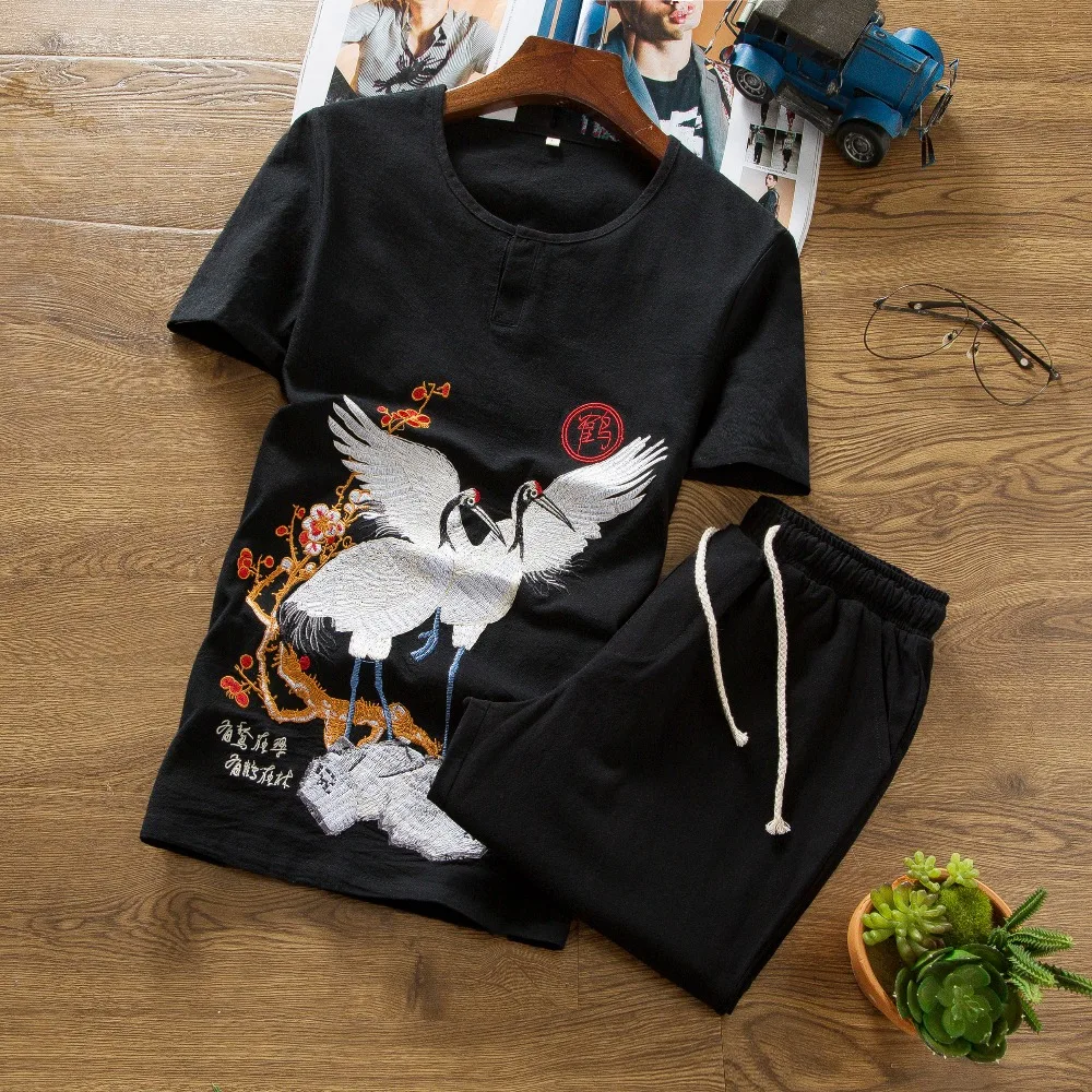 Short-sleeved T-shirt men suit Casual shorts clothes summer clothing set button summer Crane printing linen set M-5XL
Short-sleeved T-shirt men suit Casual shorts clothes summer clothing set button summer Crane printing linen set M-5XL