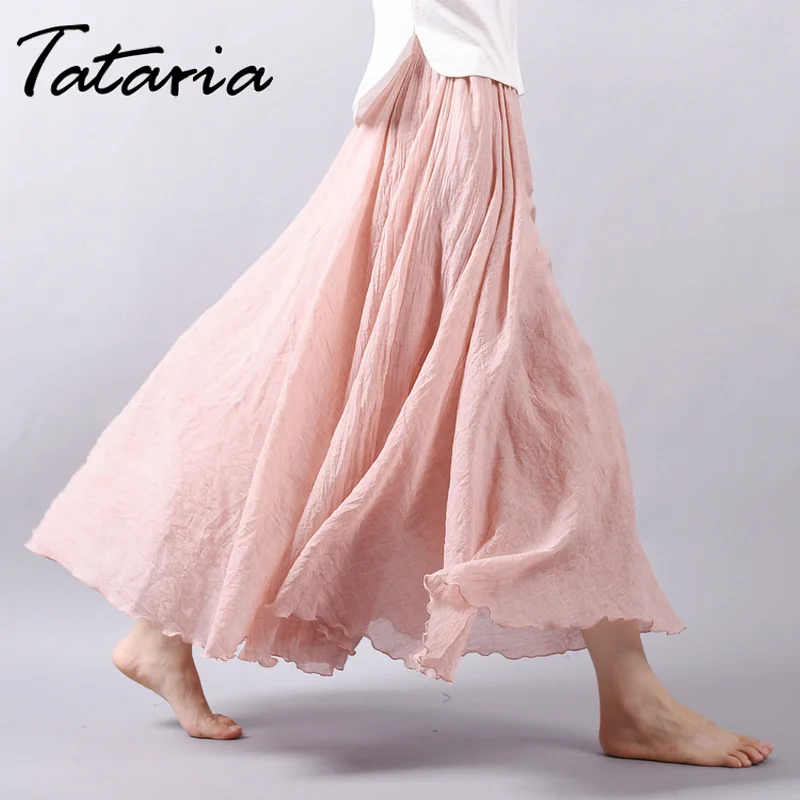 Женская плиссированная юбка-трапеция из хлопка и льна с высокой талией винтажная