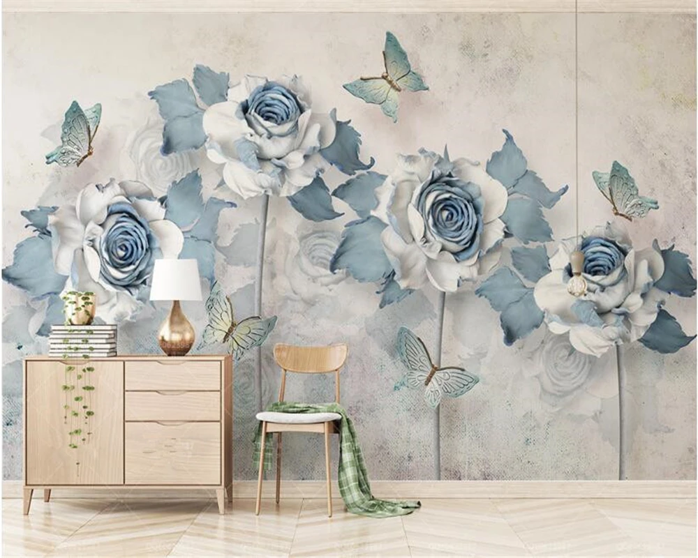 

beibehang Light blue fashion three-dimensional wallpaper Elegant 3d flower butterfly TV background wall papers home decor behang