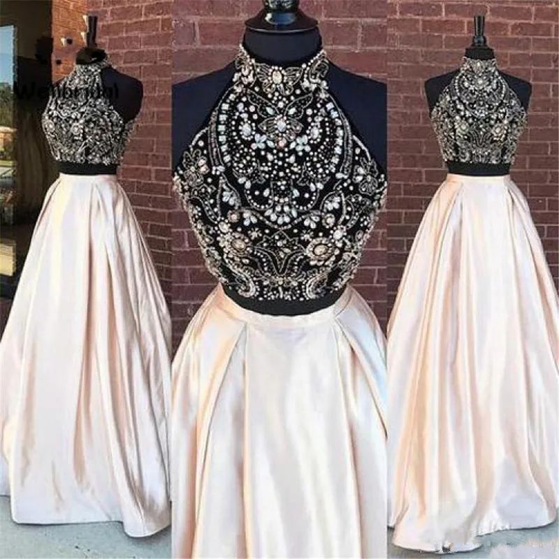 2019 Two Pieces Prom Dresses High Neck Sleeveless Major Beading Crystal Sweep Train Black Girl African sweet Cheap Party
2019 Two Pieces Prom Dresses High Neck Sleeveless Major Beading Crystal Sweep Train Black Girl African sweet Cheap Party