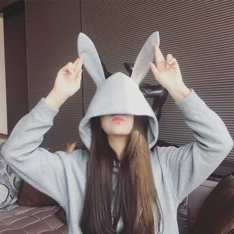 Korean style Sweet Rabbit Ears Hooded Sweatshirt Women Solid Color Hoodies Loose Loose Long Sleeve Tracksuits Pullovers Clothing
Korean style Sweet Rabbit Ears Hooded Sweatshirt Women Solid Color Hoodies Loose Loose Long Sleeve Tracksuits Pullovers Clothing