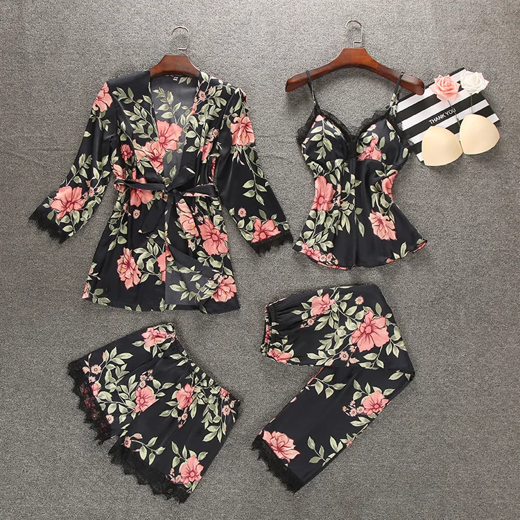 4 предмета женский сексуальный Шелковый Атласный пижамный комплект цветочный