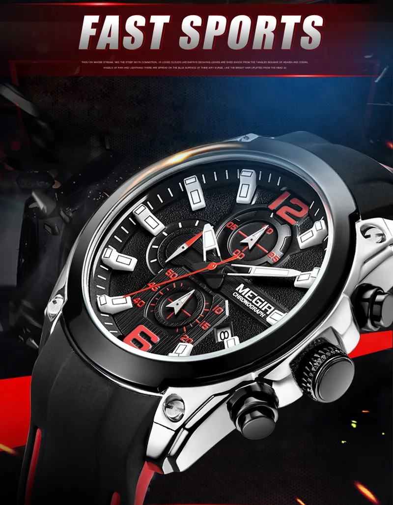 

2019 Megir Men's Chronograph Analog Quartz Watch With Date Luminous Hands, Waterproof Silicone Rubber Strap Wristswatch For Man