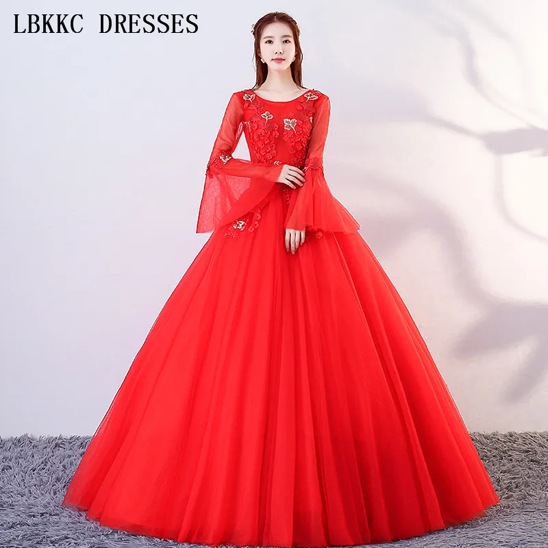 Красное платье Quinceanera с длинным рукавом бальное Тюль Аппликации Vestidos De 15 Anos