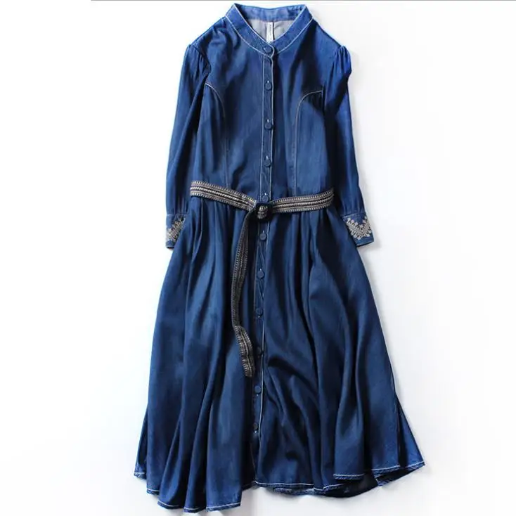 spring new vintage embroidered denim dress women stand collar big swing three quarter sleeve tencel a-line dress
spring new vintage embroidered denim dress women stand collar big swing three quarter sleeve tencel a-line dress