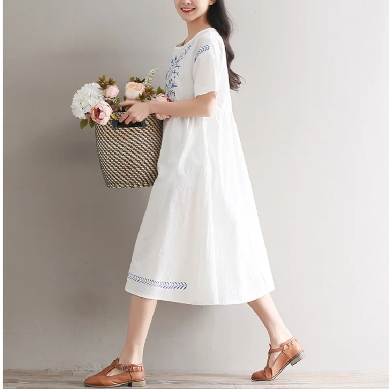 Mori Girl летнее платье миди с вышивкой круглый вырез повседневное свободное