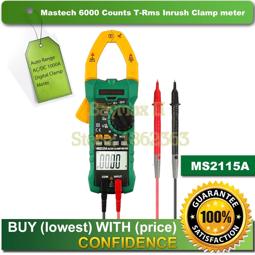 Mastech MS2115A 6000 Counts True RMS Digital Clamp Meter AC/DC Voltage Current Tester with INRUSH and NCV Measurement
Mastech MS2115A 6000 Counts True RMS Digital Clamp Meter AC/DC Voltage Current Tester with INRUSH and NCV Measurement