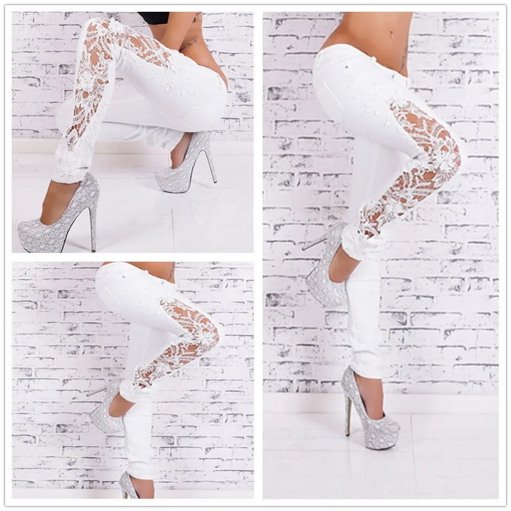 Фото Белые джинсы с кружевами дырочками строчкой полная длина деним - купить