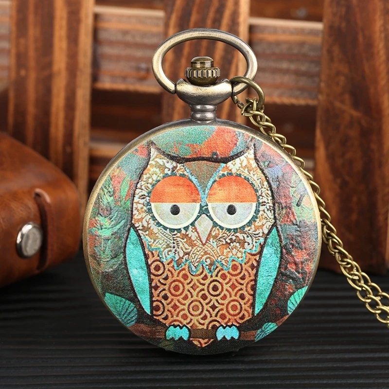 

Unique 3D Owl Face Cover Colorful Quartz Pocket Watch Necklace Jewelry Pendant Steampunk Clock Hours Gifts for Men Young People