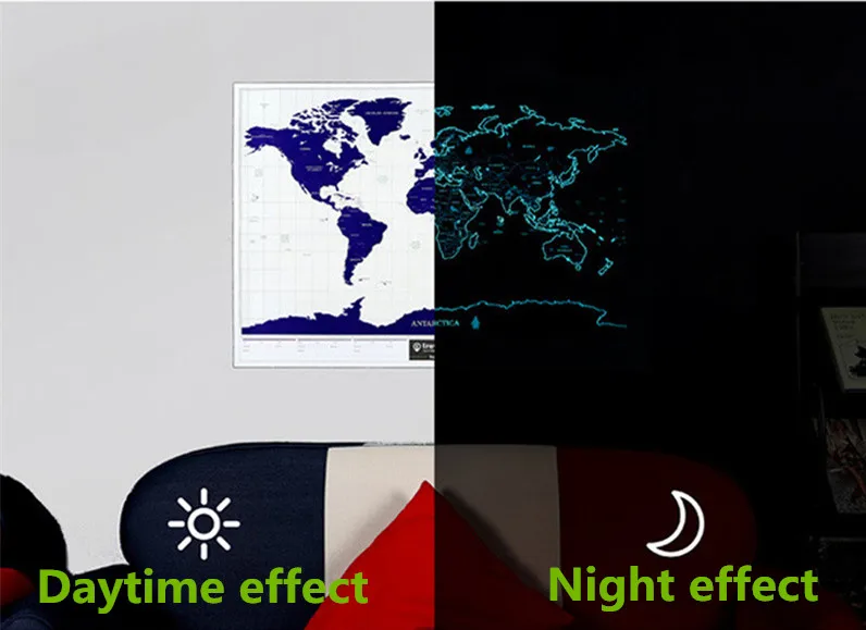 Night Luminous Scratch Map Fluorescent Starlight World Personalized Travel Vacation Home Decor Gift Double Side Wall Sticker | Дом и сад
