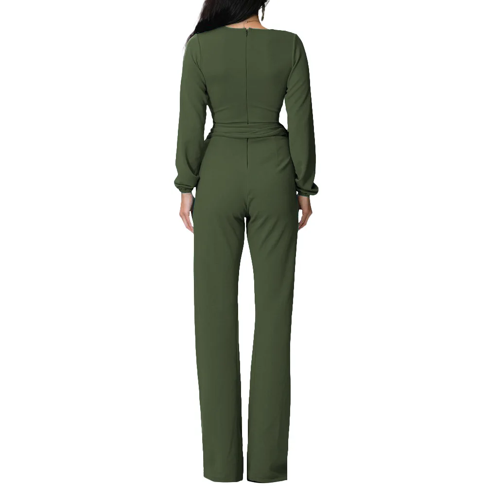 Fashion Regular Solid V Neck Full Sleeves Bandage Elegant Jumpsuit