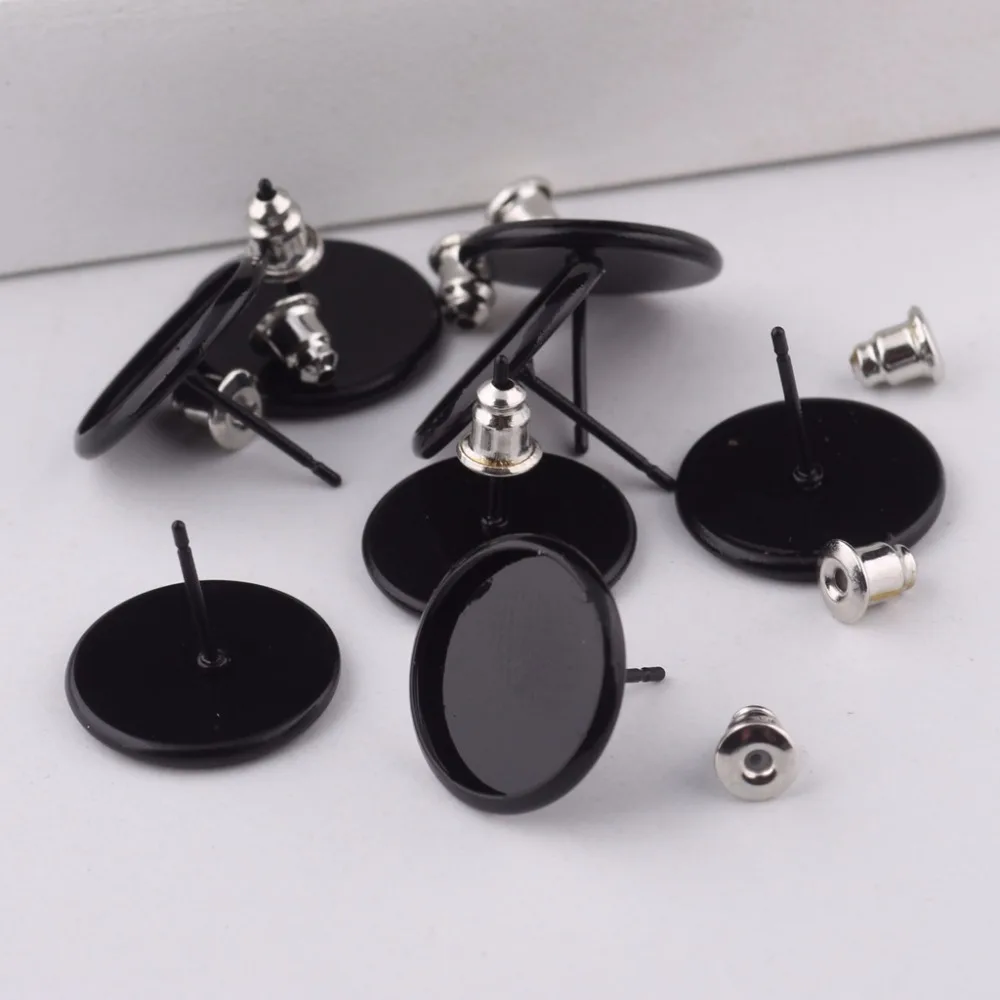 

40pcs Black Stud Earring Base Setting Blanks 10mm 12mm 14mm Dia Cabochon Bezel Trays With Ear Backs Diy Jewelry Making Supplies