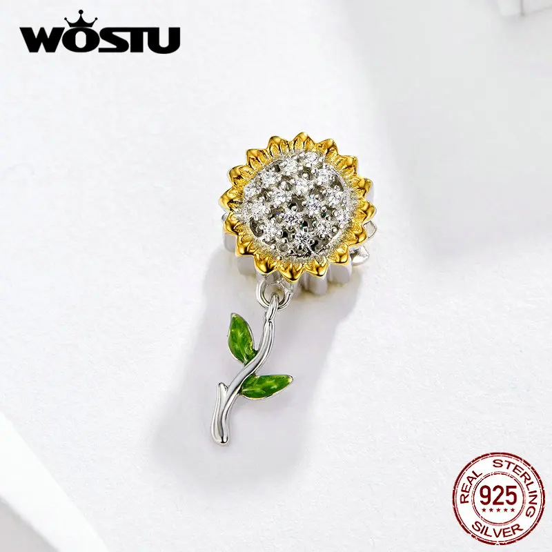WOSTU желтая эмаль Подсолнух очарование серебряные бусины 925 пробы подходит