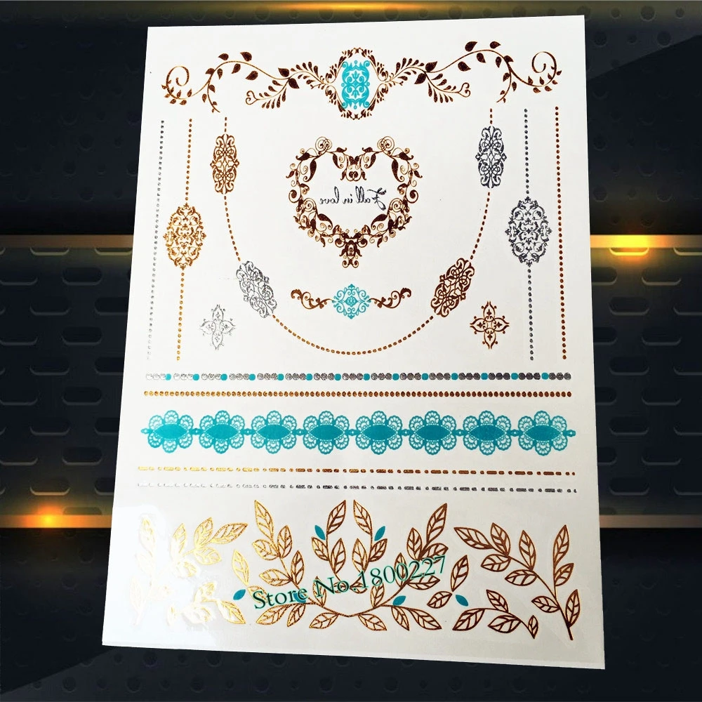 Flash Gold Silver Metallic Tattoo Indian Bracelet Chains 21x15CM Women Henna Lace Jewelry Temporary Fake Tattoo Sticker
Flash Gold Silver Metallic Tattoo Indian Bracelet Chains 21x15CM Women Henna Lace Jewelry Temporary Fake Tattoo Sticker