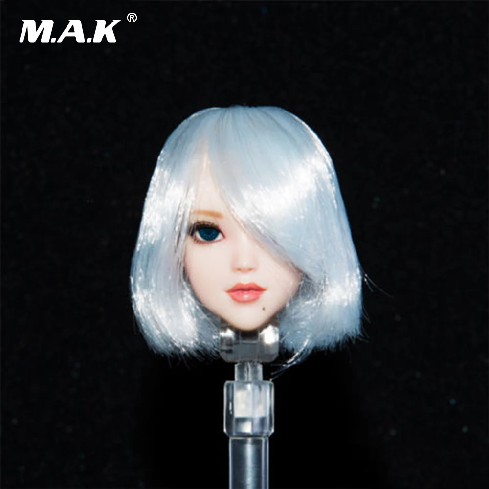 

1/6 Scale Female Head Sculpt with Movable Eyes Automata 2B Girl Short White Hair Head Carving Model for 12'' Female Figure Body