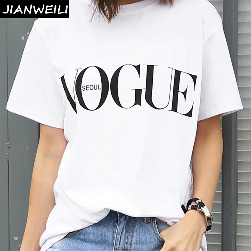 JIANWEILI летняя футболка Женская VOGUE с круглым вырезом harajuku короткими рукавами